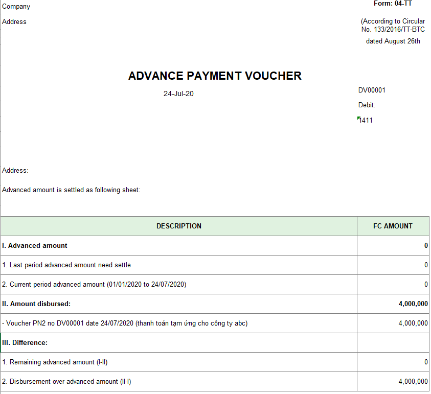 Mẫu giấy thanh toán tiền tạm ứng theo TT 133 ( TIẾNG ANH - Ngoại tệ )