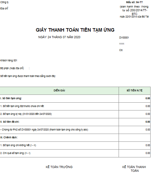 Mẫu giấy thanh toán tiền tạm ứng theo TT 200 ( Ngoại tệ )