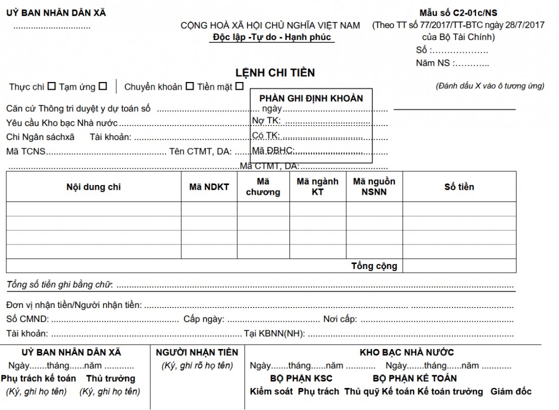 Mẫu lệnh chi tiền ( dùng cho ngân sách cấp xã )