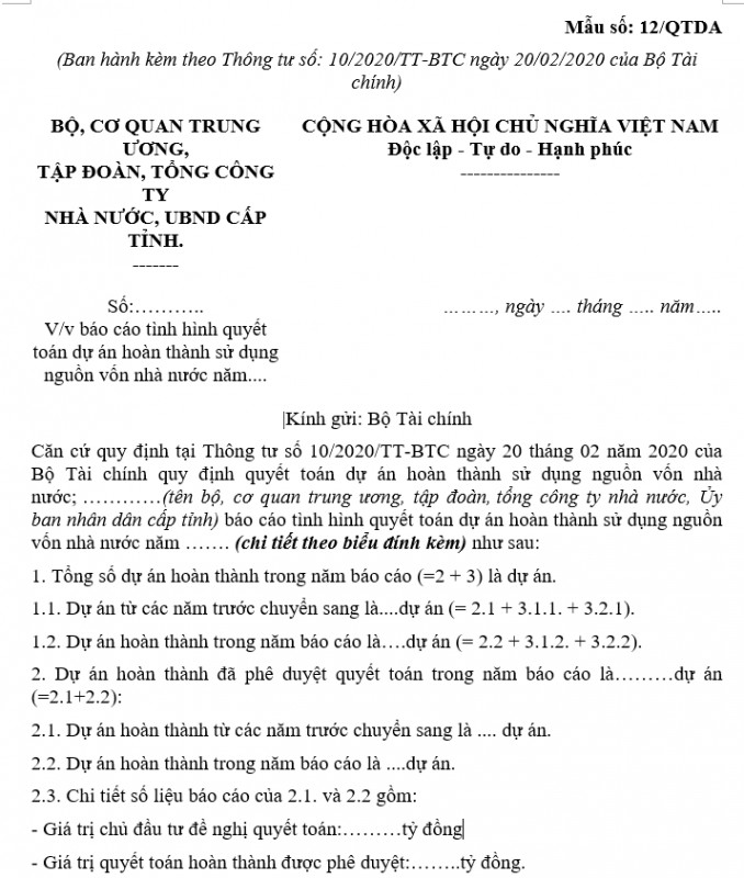 Mẫu số 12/QTDA: Báo cáo tình hình quyết toán dự án hoàn thành sử dụng nguồn vốn nhà nước