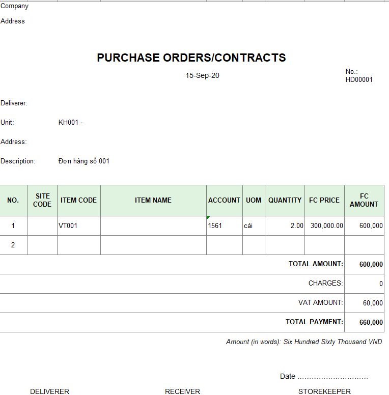 Mẫu đơn hàng mua ( TIẾNG ANH - Ngoại tệ )