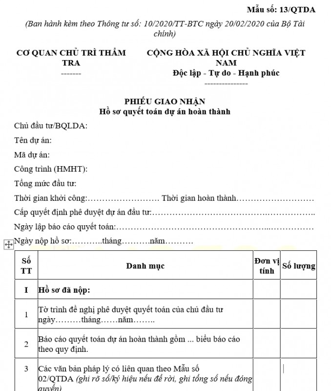 Mẫu số: 13/QTDA PHIẾU GIAO NHẬN Hồ sơ quyết toán dự án hoàn thành