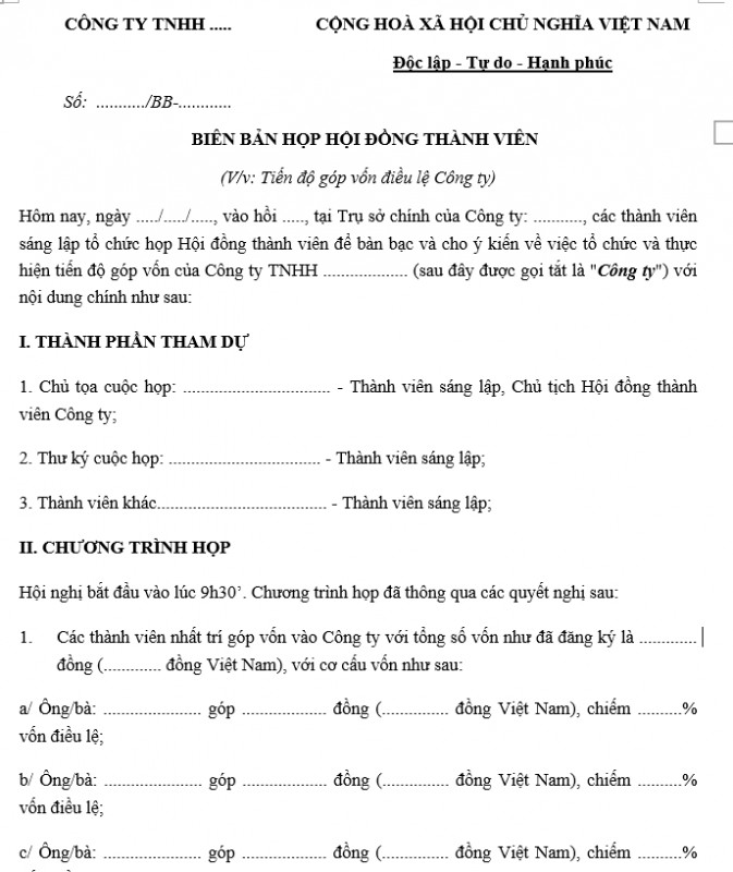 Biên bản thỏa thuận tiến độ góp vốn điều lệ