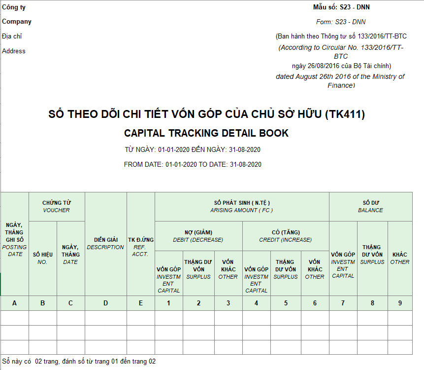 Mẫu sổ theo dõi chi tiết nguồn vốn kinh doanh ( Song ngữ - Ngoại tệ ) theo TT 133