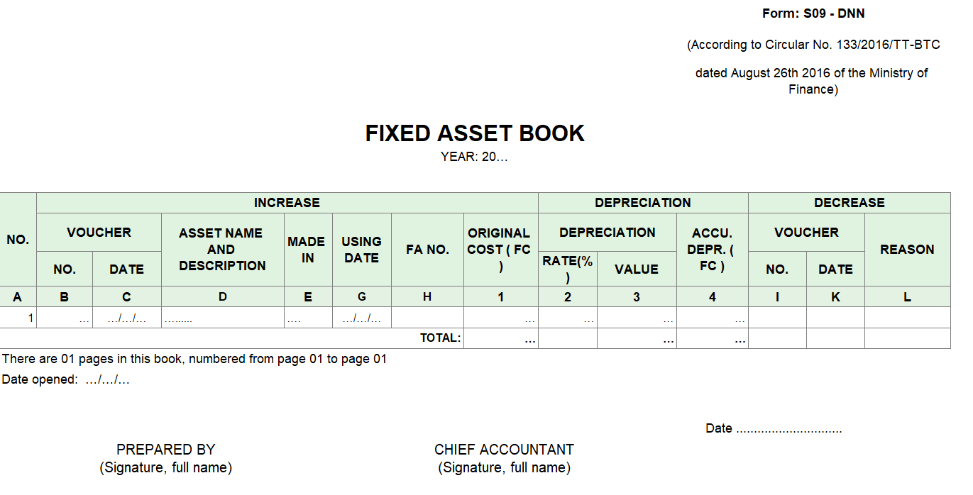 Mẫu sổ tài sản cố định ( TIẾNG ANH - Ngoại tệ ) theo TT 133
