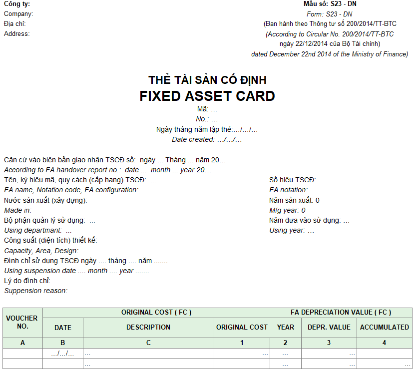 Mẫu thẻ tài sản cố định ( Song ngữ - Ngoại tệ ) theo TT 200