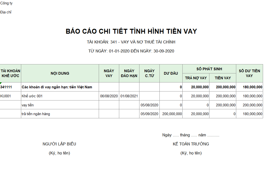 Mẫu báo cáo chi tiết tình hình tiền vay