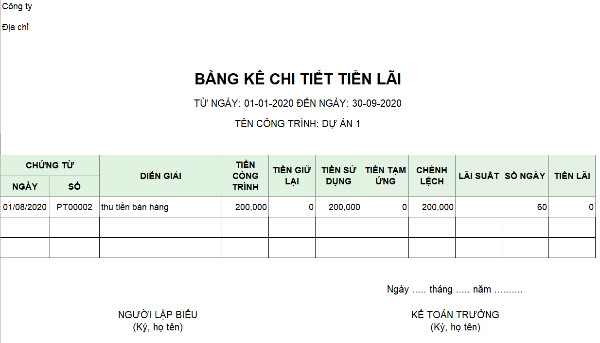 Mẫu bảng kê chi tiết tiền lãi