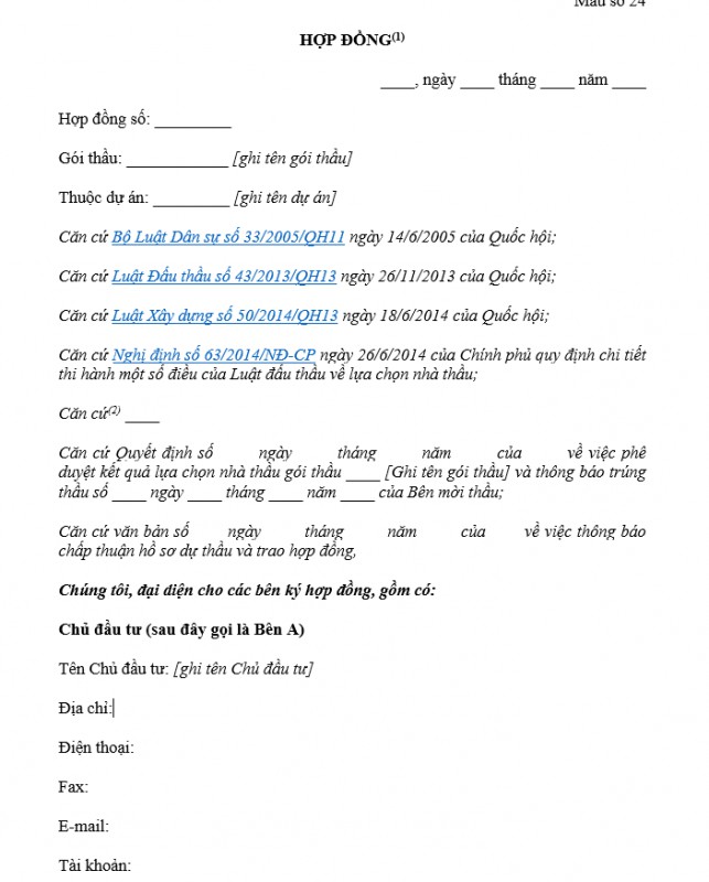 Mẫu hợp đồng đấu thầu xây lắp theo Thông tư 03/2015/TT-BKHĐT