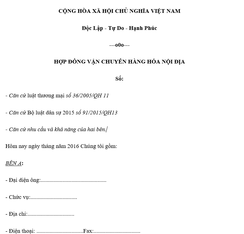 Mẫu hợp đồng vận chuyển hàng hóa