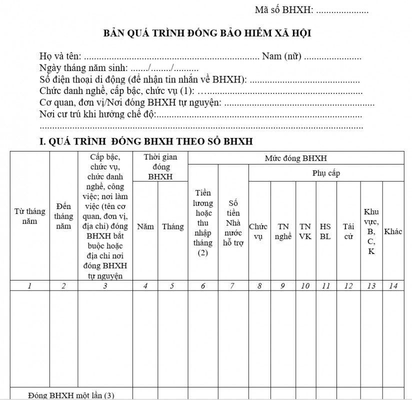 Mẫu bản quá trình đóng bảo hiểm xã hội
