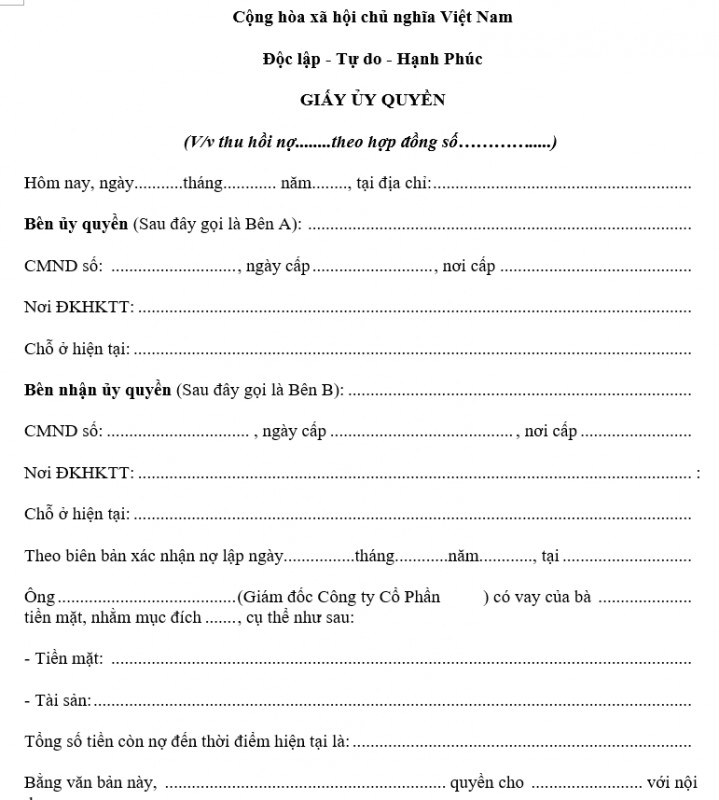 Mẫu Giấy ủy quyền đòi nợ/thu hồi nợ