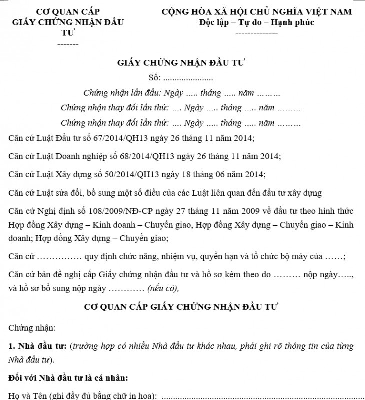Mẫu giấy chứng nhận đầu tư cấp cho nhà đầu tư nước ngoài