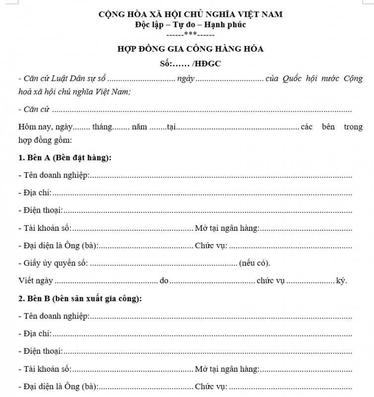 Mẫu hợp đồng gia công hàng hóa