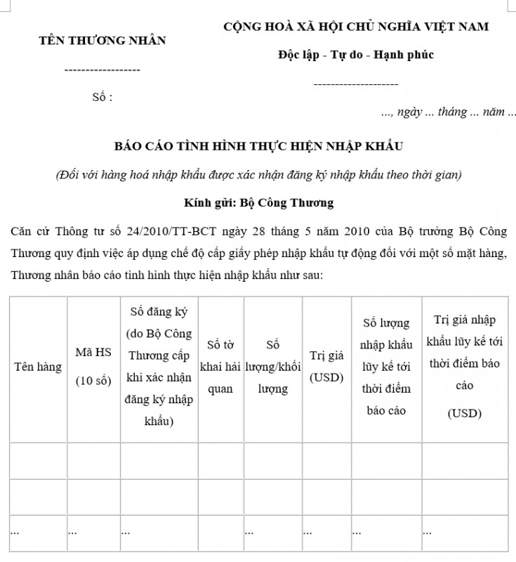 Mẫu báo cáo tình hình thực hiện nhập khẩu