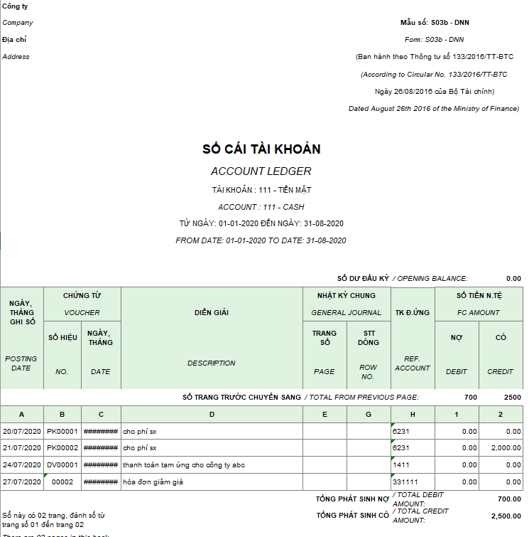 Mẫu Sổ cái ( Song ngữ - Ngoại tệ ) theo TT 133