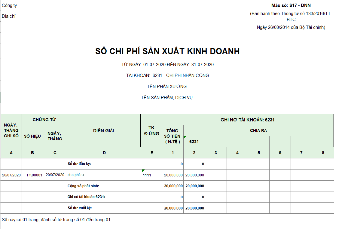 Mẫu sổ chi phí sản xuất kinh doanh ( Ngoại tệ ) theo TT 133