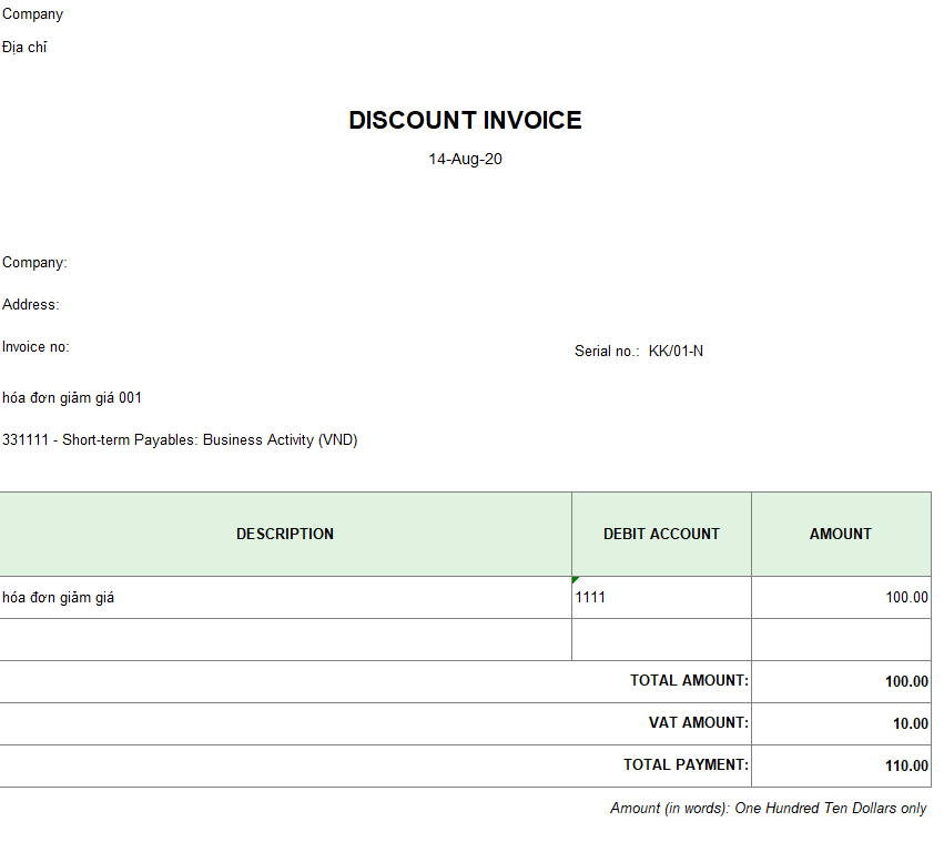 Mẫu hóa đơn giảm giá ( TIẾNG ANH - Ngoại tệ )