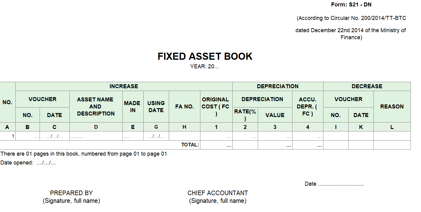 Mẫu sổ tài sản cố định ( TIẾNG ANH - Ngoại tệ ) theo TT 200