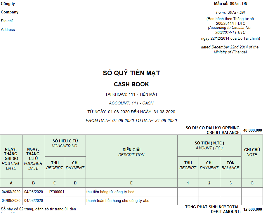 Mẫu sổ quỹ tiền mặt theo TT 200 ( Song ngữ - Ngoại tệ )