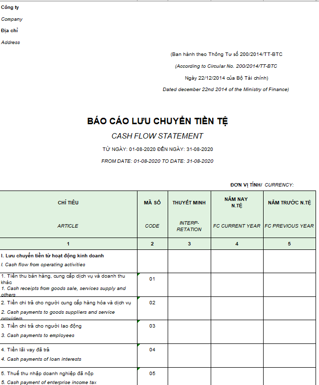 Mẫu báo cáo lưu chuyển tiền tệ ( Song ngữ - Ngoại tệ ) theo PP trực tiếp - Theo TT 200