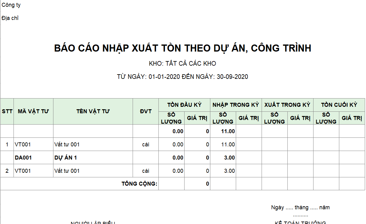 Mẫu báo cáo nhập xuất tồn theo dự án, công trình