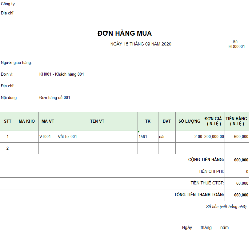 Mẫu đơn hàng mua ( Ngoại tệ )
