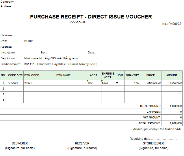 Mẫu phiếu nhập xuất thẳng ( TIẾNG ANH )