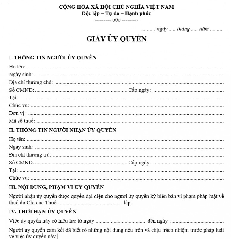 Mẫu giấy ủy quyền (làm việc với cơ quan thuế, cơ quan nhà nước khác)