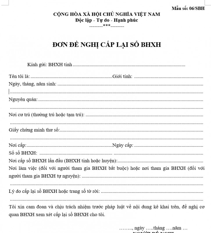Mẫu số 06/SBH: Đơn đề nghị cấp lại sổ BHXH