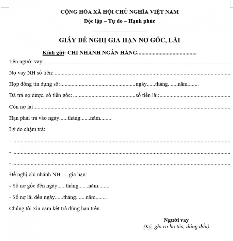 Mẫu giấy đề nghị gia hạn nợ gốc, lãi