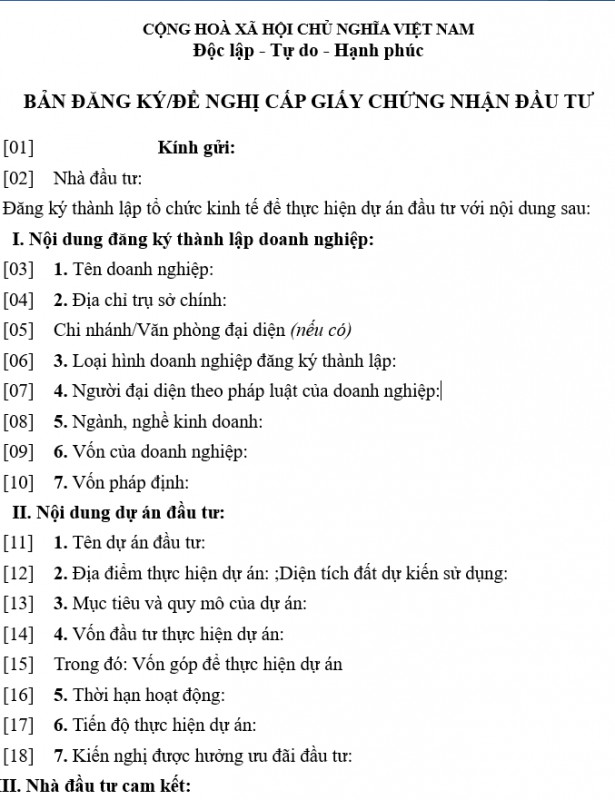 Mẫu hồ sơ đăng ký cấp giấy chứng nhận đầu tư