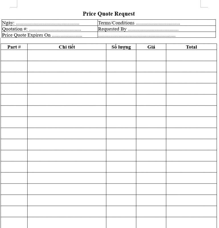 Mẫu yêu cầu báo giá - Tiếng Anh