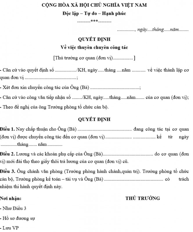 Mẫu quyết định thuyên chuyển công tác mới nhất