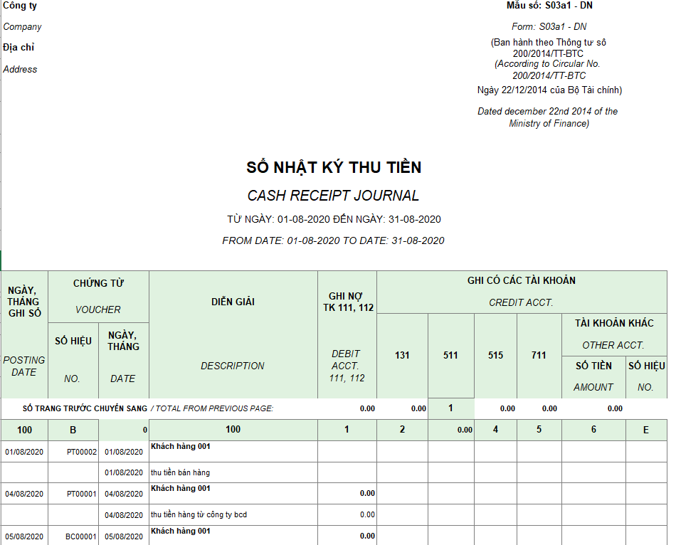 Mẫu sổ nhật ký thu tiền ( Song ngữ - Ngoại tệ ) theo TT200