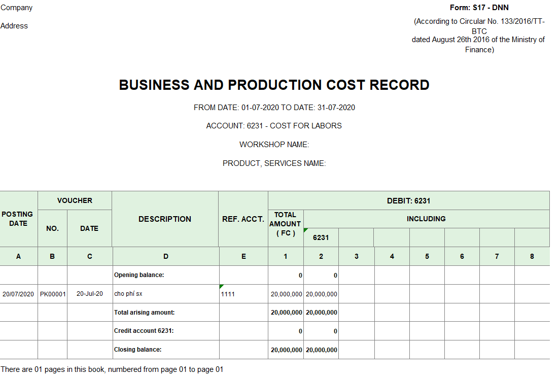 Mẫu sổ chi phí sản xuất kinh doanh  ( TIẾNG ANH - Ngoại tệ ) theo TT133