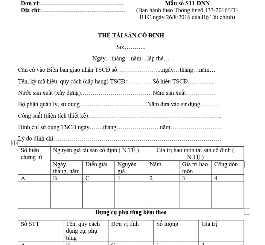 Mẫu thẻ tài sản cố định ( Ngoại tệ ) theo TT 133