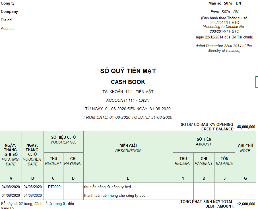 Mẫu sổ quỹ tiền mặt theo TT 200 ( Song ngữ )