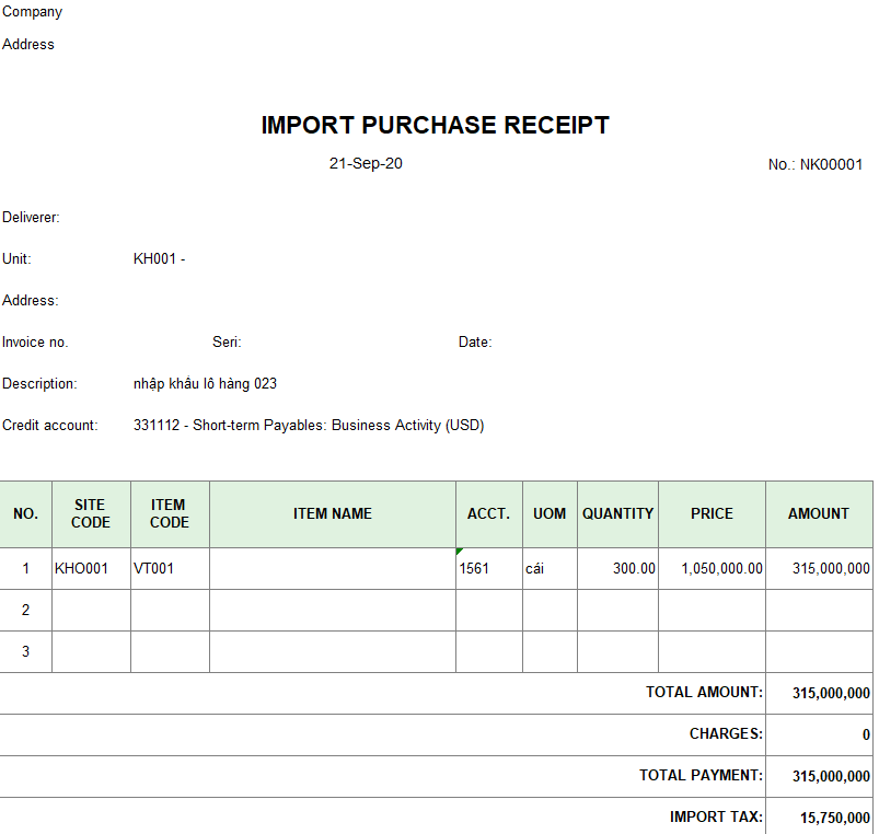 Mẫu phiếu nhập mua nhập khẩu ( TIẾNG ANH )
