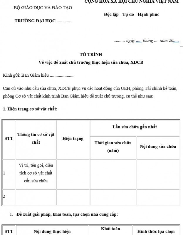 Mẫu tờ trình đề nghị sữa chữa xây dựng cơ bản