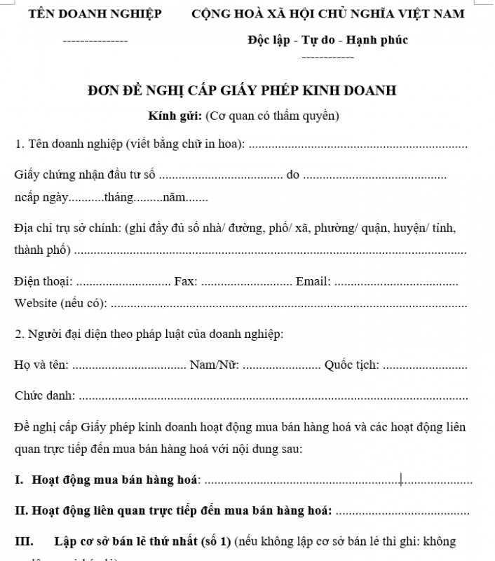 Mẫu đơn đề nghị cấp giấy phép kinh doanh