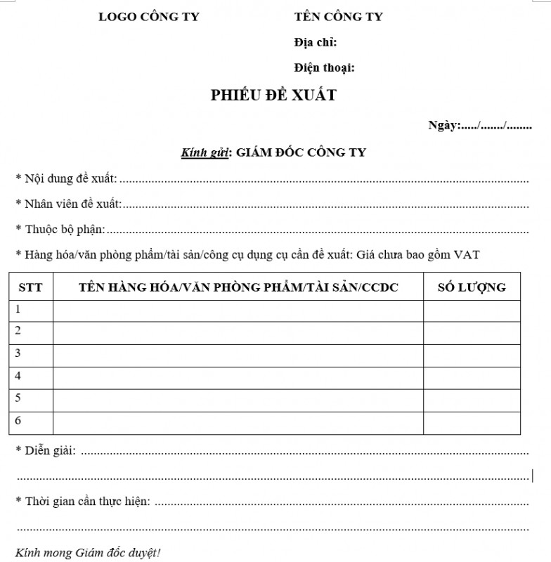 Mẫu phiếu đề xuất thiết bị - công cụ làm việc