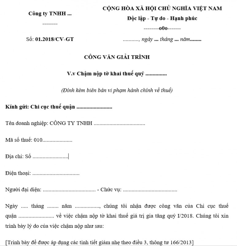 Mẫu công văn giải trình với cơ quan thuế