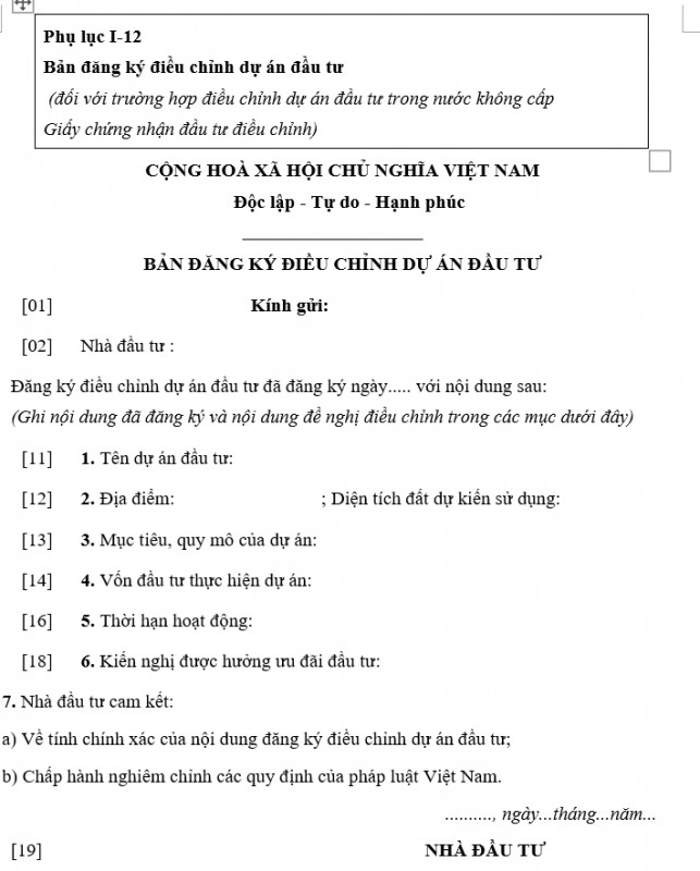 Mẫu bản đăng ký điều chỉnh dự án đầu tư