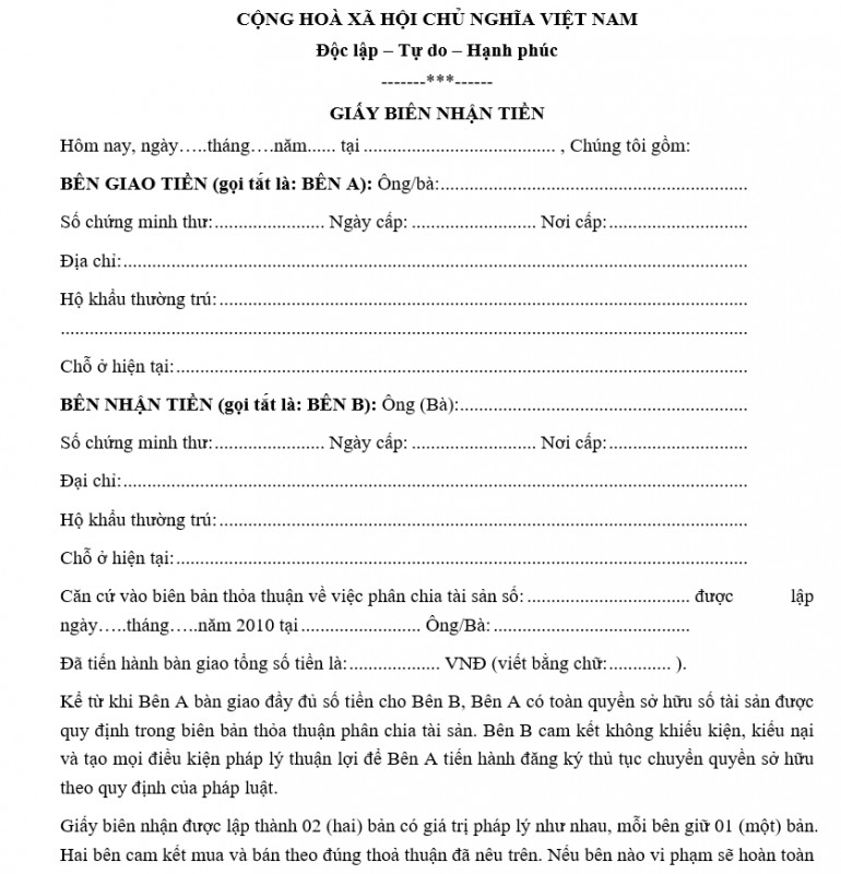 Mẫu giấy biên nhận tiền mặt mới nhất