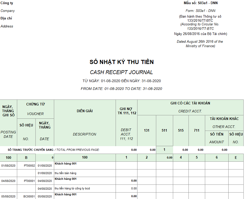 Mẫu sổ nhật ký thu tiền ( Song ngữ - Ngoại tệ) theo TT133