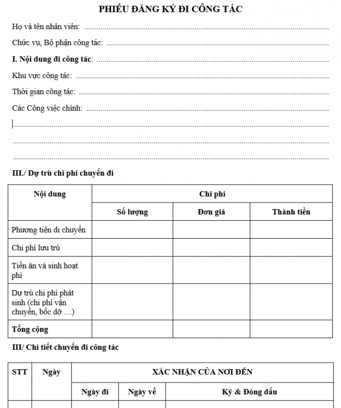 Mẫu phiếu đăng ký đi công tác mới nhất