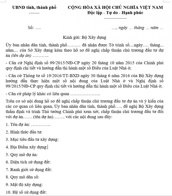 Mẫu văn bản đề nghị thẩm định và chấp thuận chủ trương đầu tư dự án