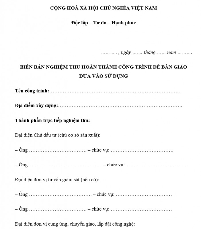 Mẫu biên bản nghiệm thu hoàn thành công trình đưa vào sử dụng