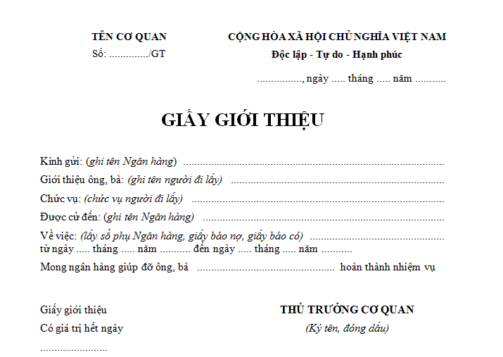 Mẫu giấy giới thiệu lấy sổ phụ ngân hàng, giấy báo nợ, báo có